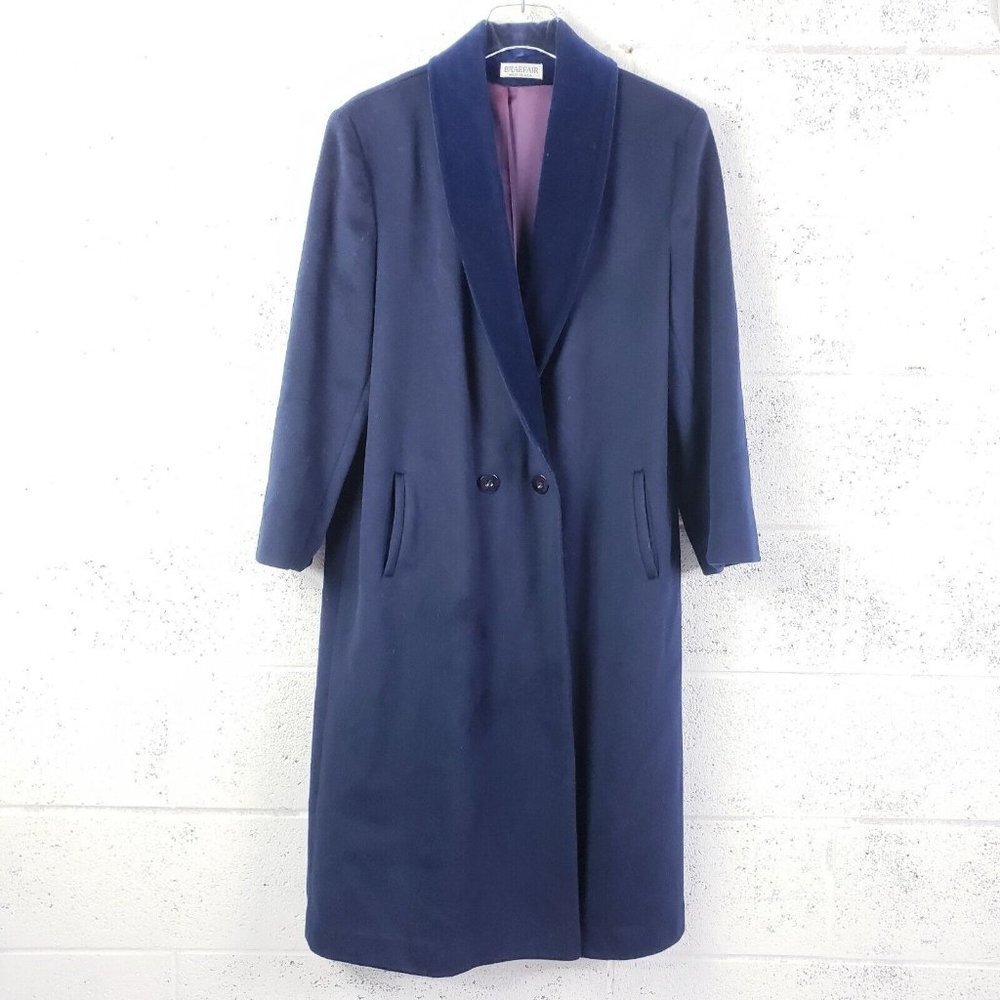 Vintage Braefair‎ Blue Wool Trench Coat Overcoat Velvet Collar Double Breasted